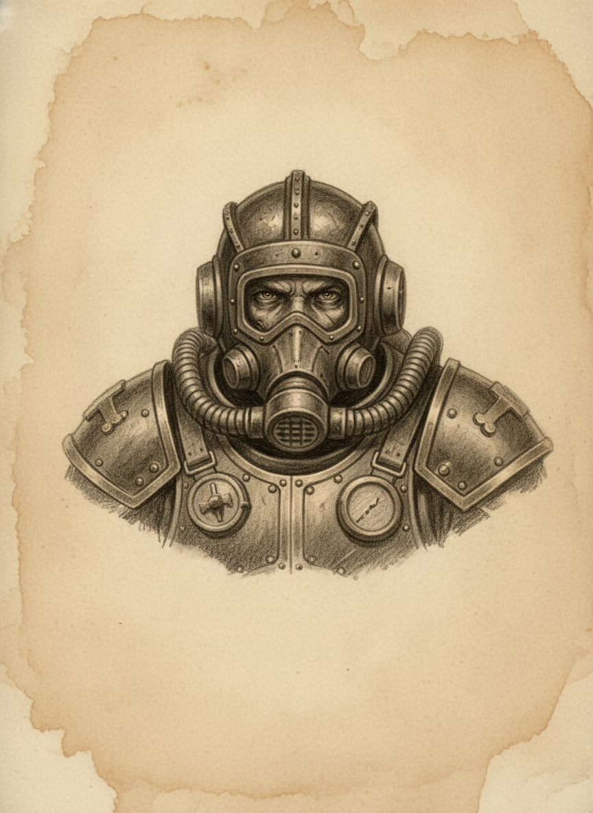 Black and white pencil dossier portrait of The Warrior of Justice, shown head and shoulders on vellum.