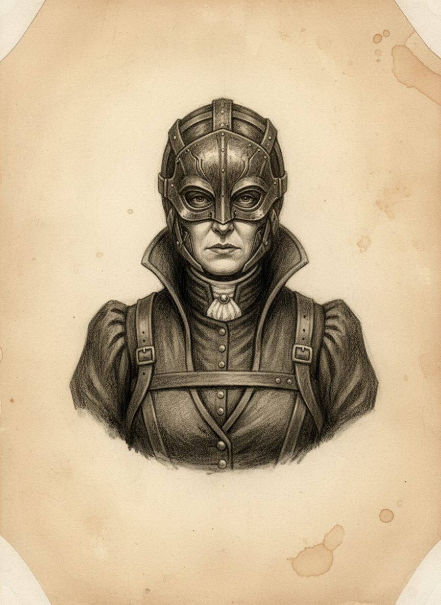 Black and white pencil dossier portrait of The Widow-Notary, shown head and shoulders on vellum.