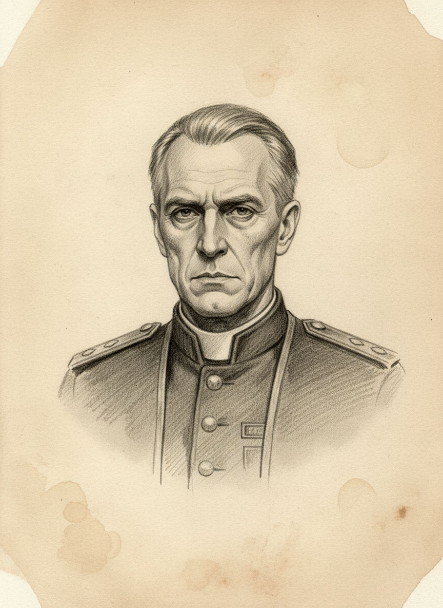 Black and white pencil dossier portrait of Vicar-General Anselm Rihn, shown head and shoulders on vellum.
