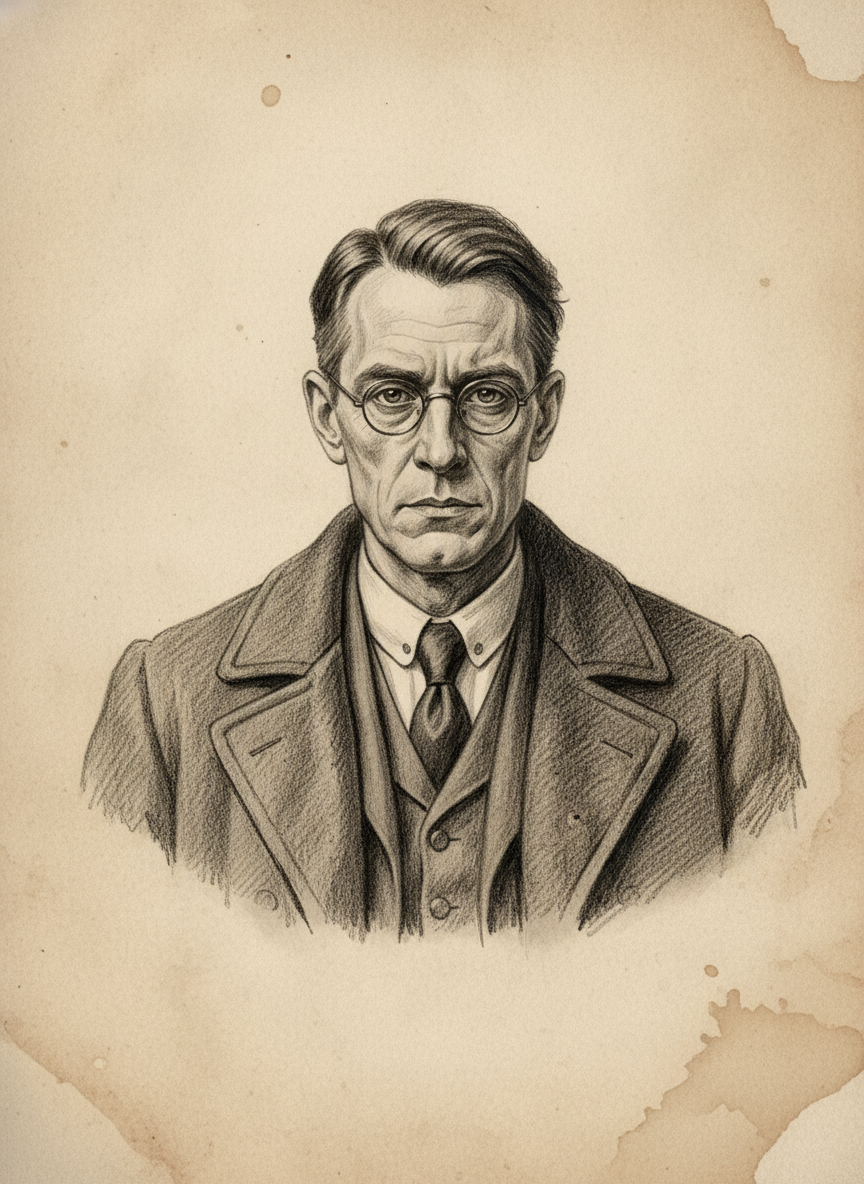 Black and white pencil dossier portrait of Dr. Marrow Vask, shown head and shoulders on vellum.