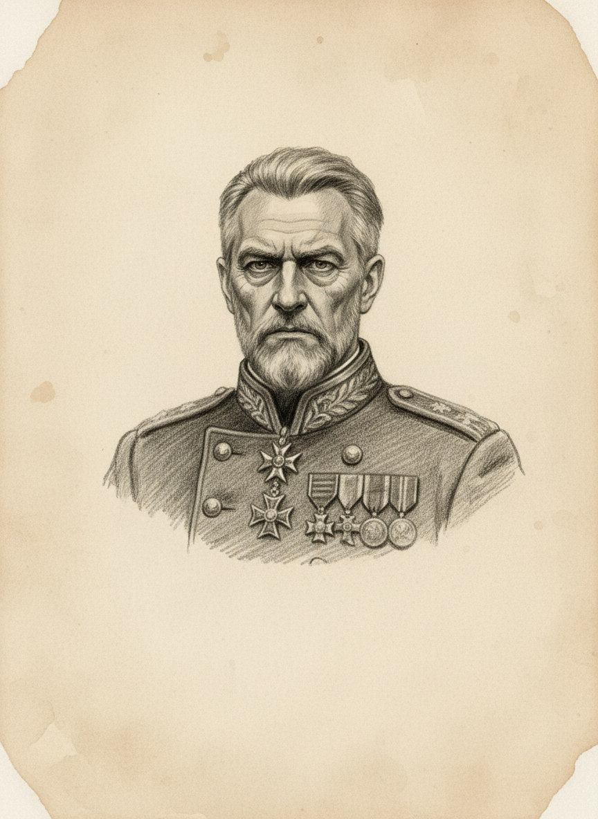 Black and white pencil dossier portrait of Gun-Cantor Marshal Vonn, shown head and shoulders on vellum.