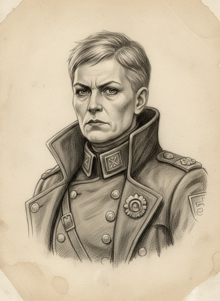 Black and white pencil dossier portrait of Judge Elsbeth Krail, shown head and shoulders on vellum.