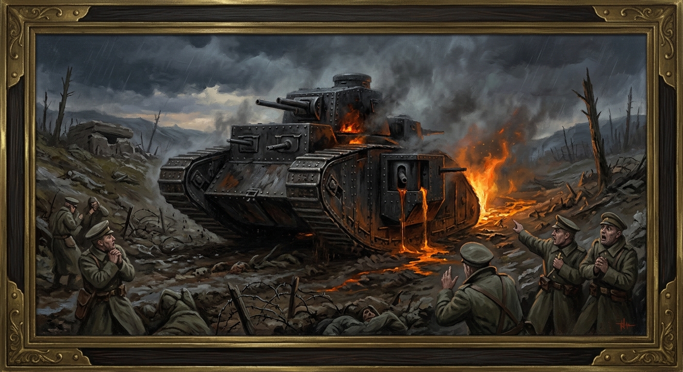 The Wormwood Hill Tank Incident of A.S. 163 — The Wormwood Hill Tank Incident of A.S. 163, rendered as oil-painting.