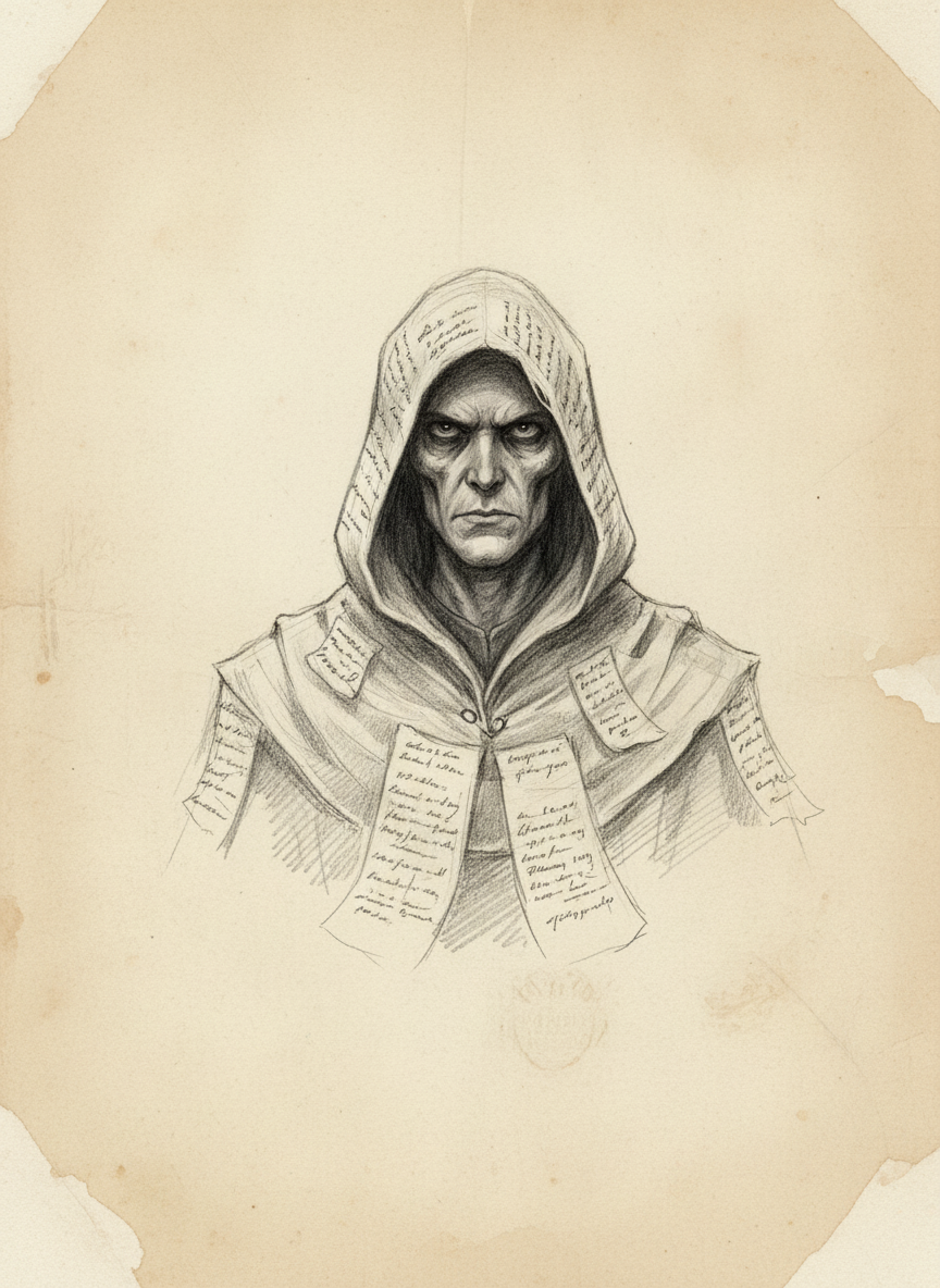 Black and white pencil dossier portrait of Ledger-Ghost Tamsin, shown head and shoulders on vellum.