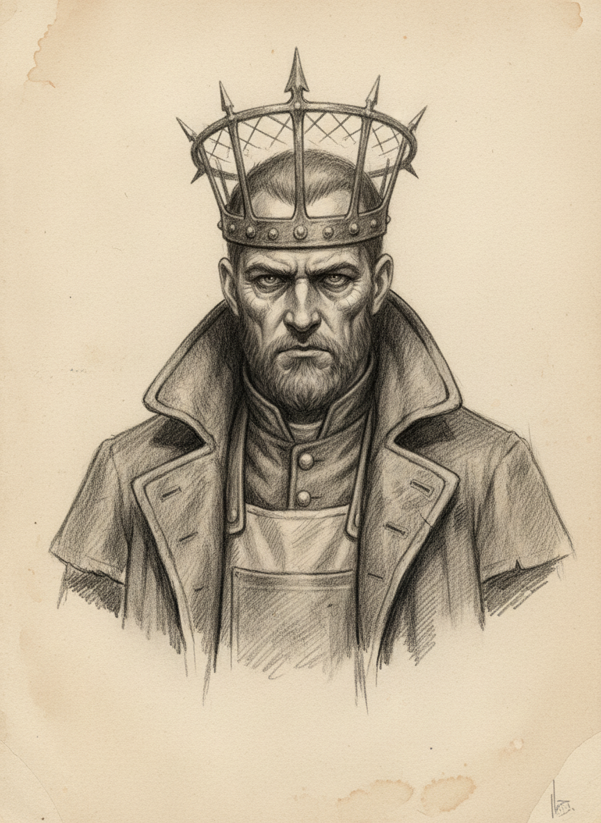Black and white pencil dossier portrait of Saint Harrowglass, shown head and shoulders on vellum.
