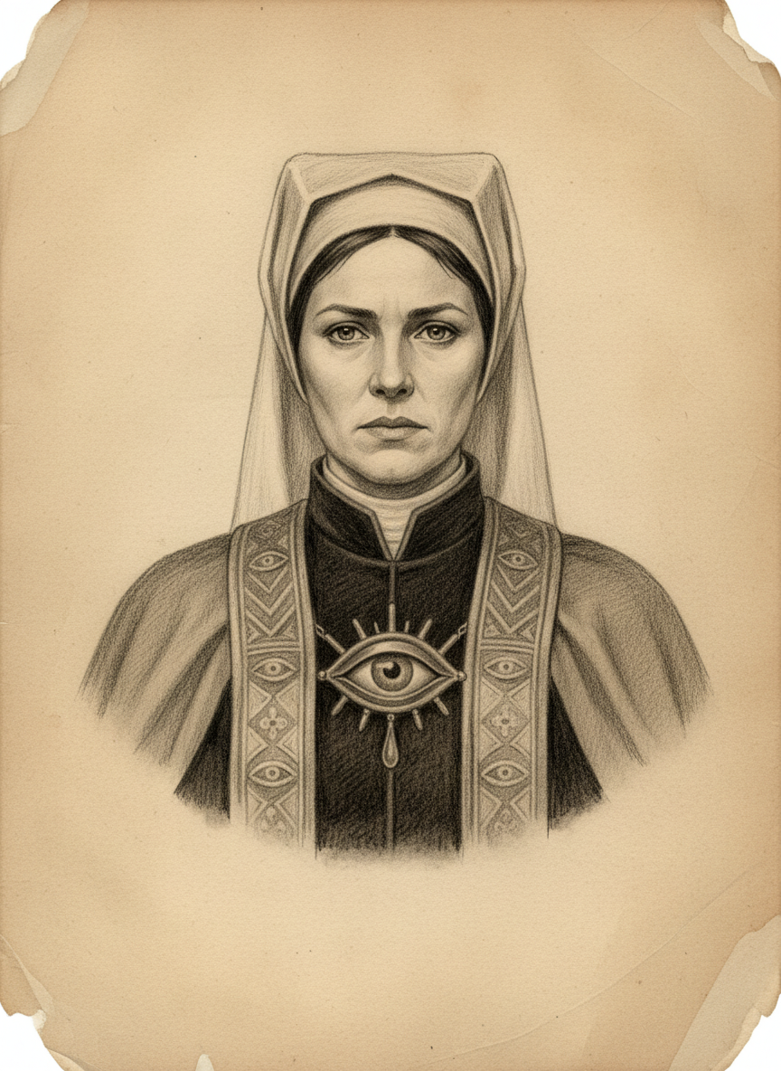 Black and white pencil dossier portrait of Blessed Marrow-Eye Lestine, shown head and shoulders on vellum.