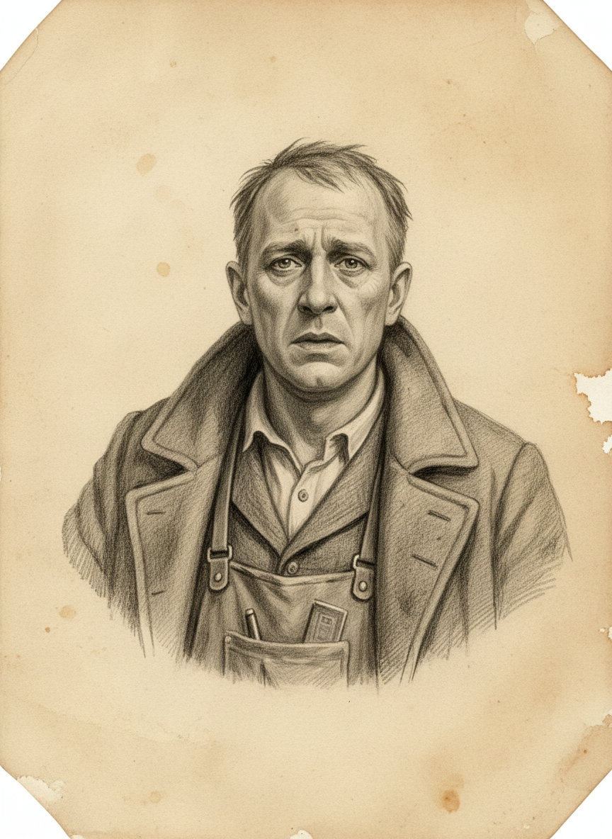 Black and white pencil dossier portrait of Gruss, shown head and shoulders on vellum.