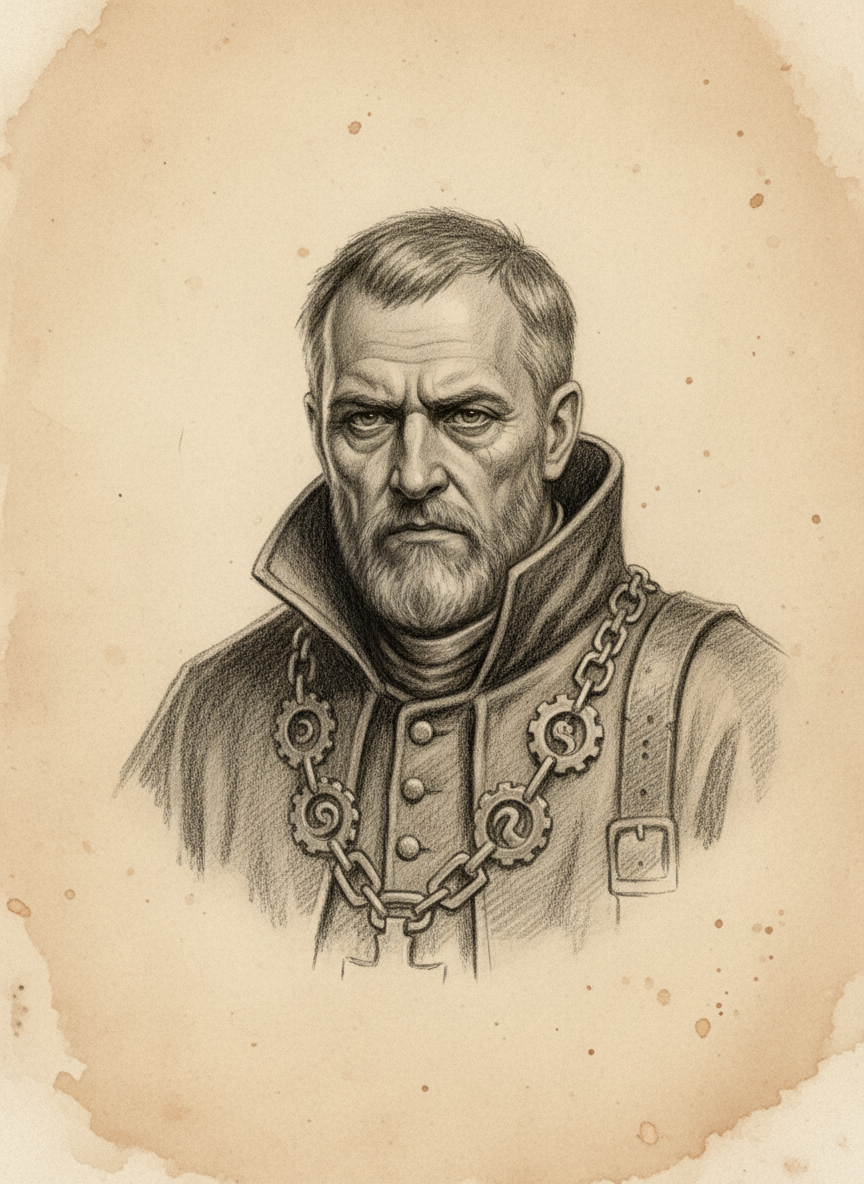 Black and white pencil dossier portrait of Saint Calibrus, the Level Hand, shown head and shoulders on vellum.