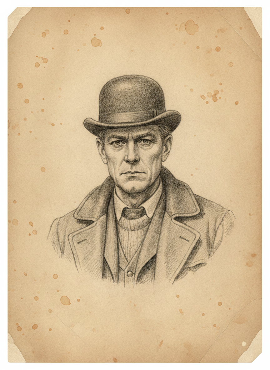 Black and white pencil dossier portrait of Saint Ravel of the Rope, shown head and shoulders on vellum.