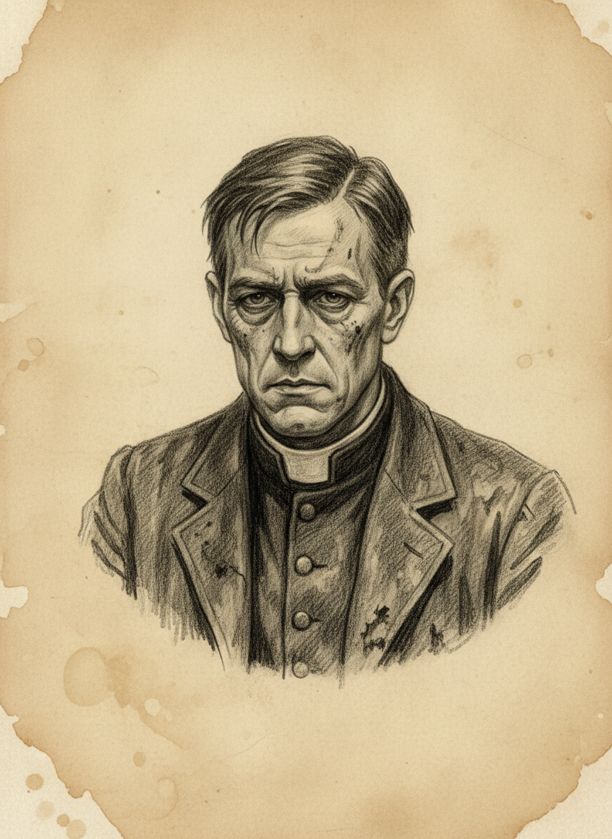 Black and white pencil dossier portrait of Blessed Clerk Harlowe “Dry-Ink”, shown head and shoulders on vellum.