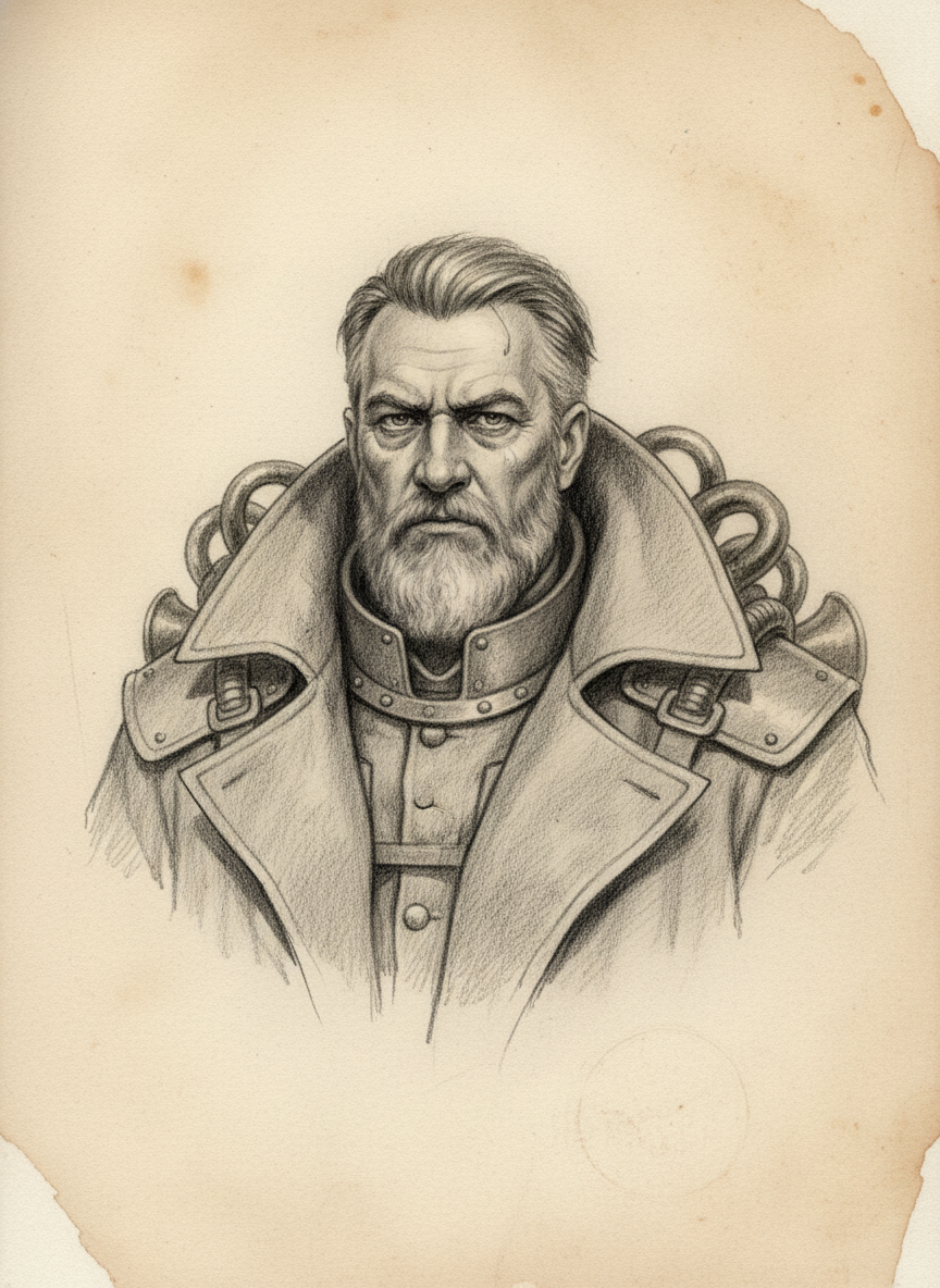 Black and white pencil dossier portrait of Canon Veyl “Iron Throat”, shown head and shoulders on vellum.