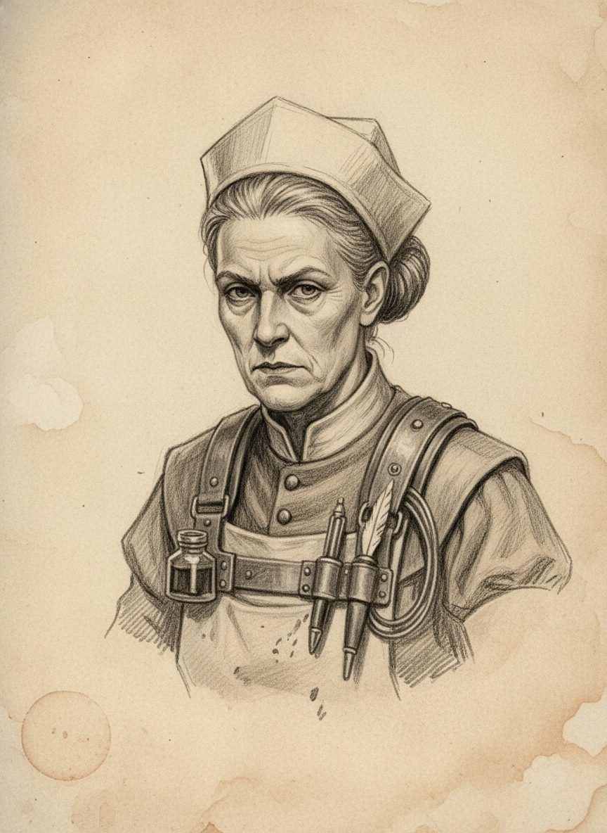 Black and white pencil dossier portrait of Blessed Vellum-Anna, shown head and shoulders on vellum.