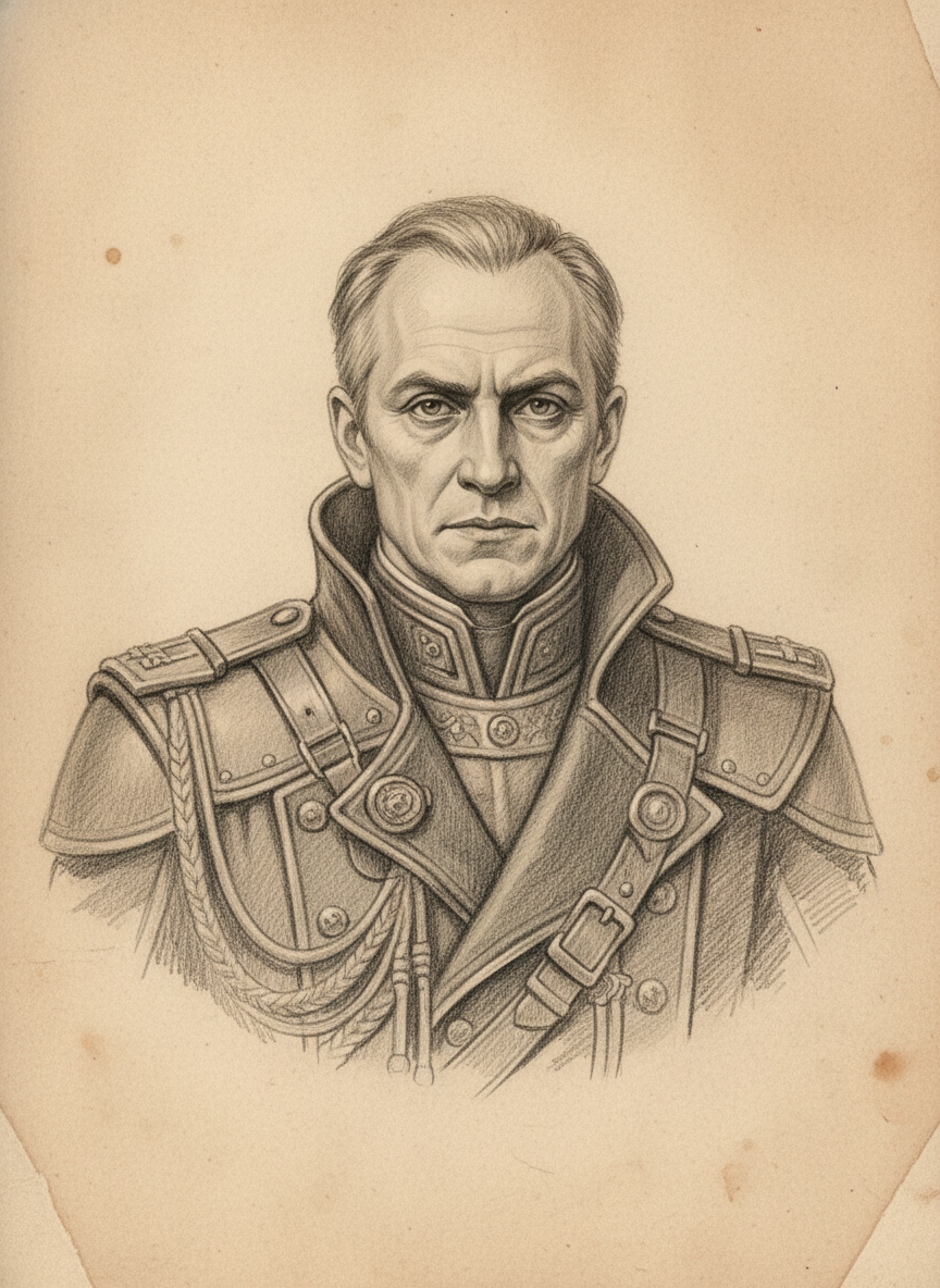 Black and white pencil dossier portrait of Deputy Archon Werrenrath, shown head and shoulders on vellum.