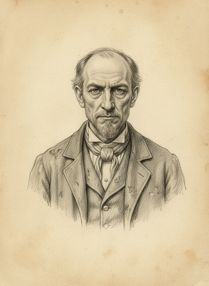 Black and white pencil dossier portrait of Glassman Dimo, shown head and shoulders on vellum.