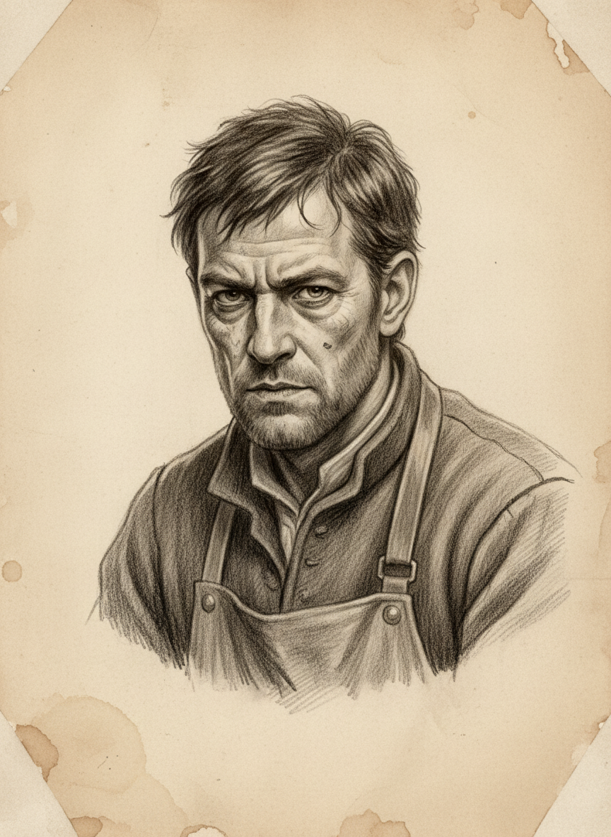 Black and white pencil dossier portrait of Pelas, shown head and shoulders on vellum.