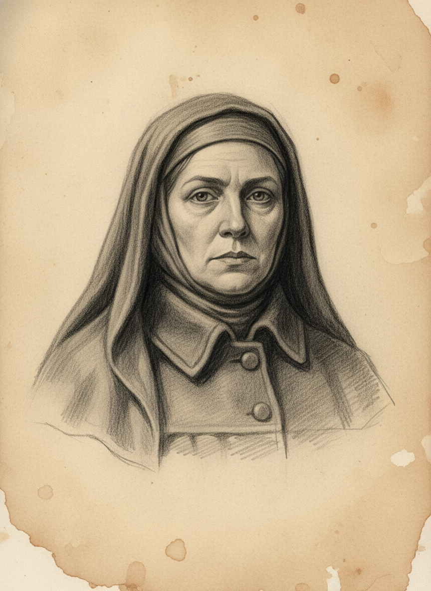 Black and white pencil dossier portrait of Saint Marea of the Closed Door, shown head and shoulders on vellum.