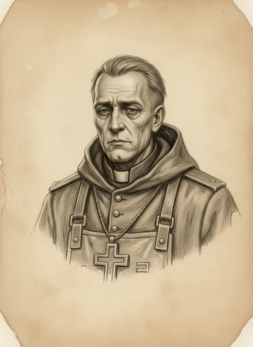 Black and white pencil dossier portrait of Saint Morin of the Sealed Mouth, shown head and shoulders on vellum.