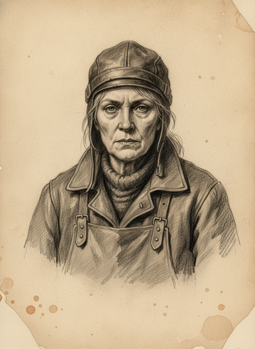 Black and white pencil dossier portrait of Saint Varda of the Lead Hands, shown head and shoulders on vellum.
