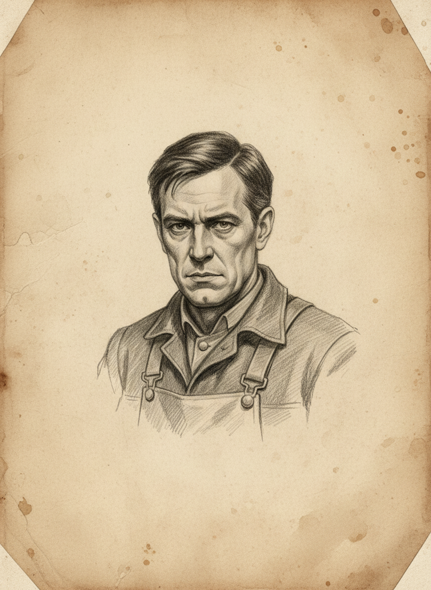 Black and white pencil dossier portrait of Saint Vellum of the Valve, shown head and shoulders on vellum.