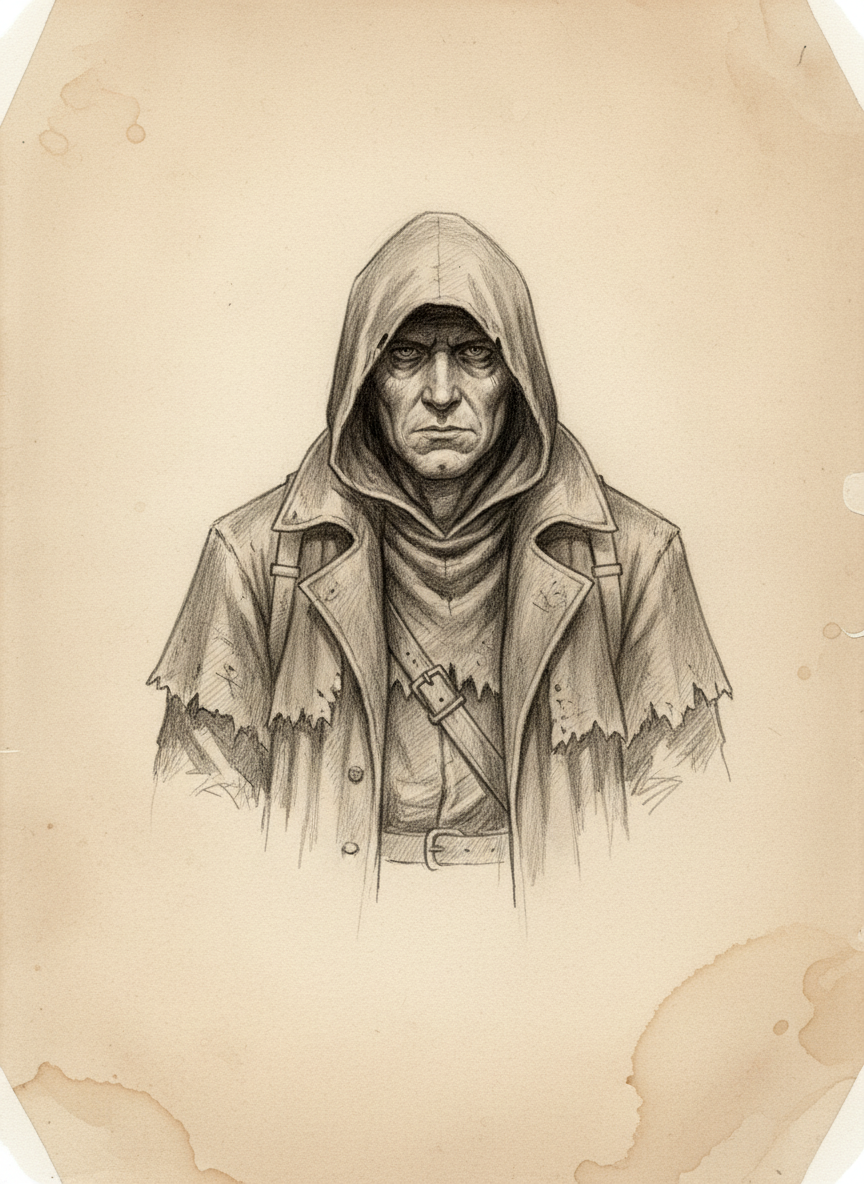 Black and white pencil dossier portrait of Saint-Anonymous of the Glass Parish, shown head and shoulders on vellum.
