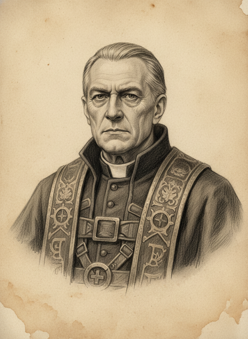 Black and white pencil dossier portrait of Elder Noxa, shown head and shoulders on vellum.