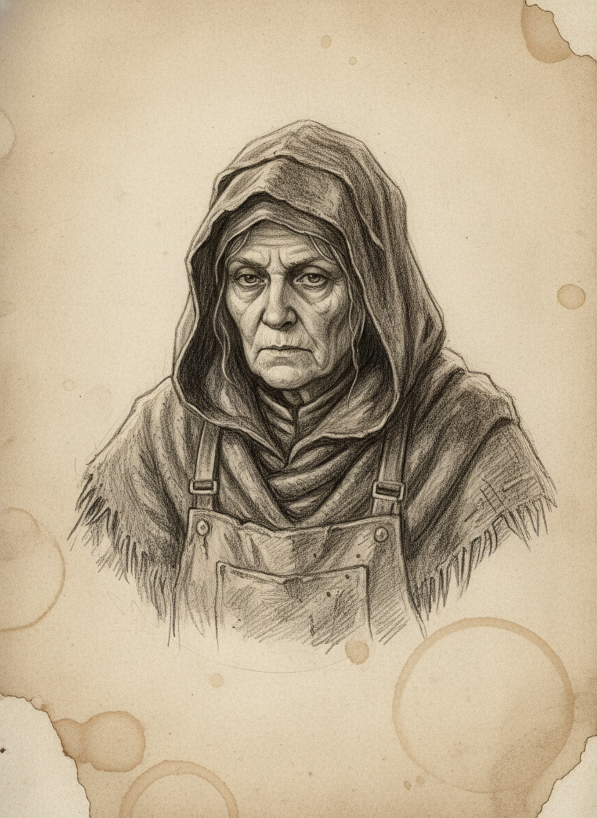 Black and white pencil dossier portrait of Mother Vellum-of-the-Reed, shown head and shoulders on vellum.