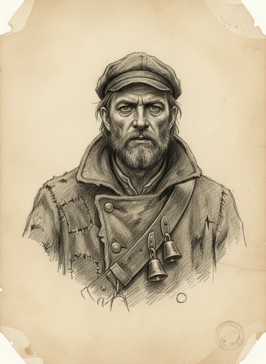 Black and white pencil dossier portrait of Saint Oren of the Corner, shown head and shoulders on vellum.