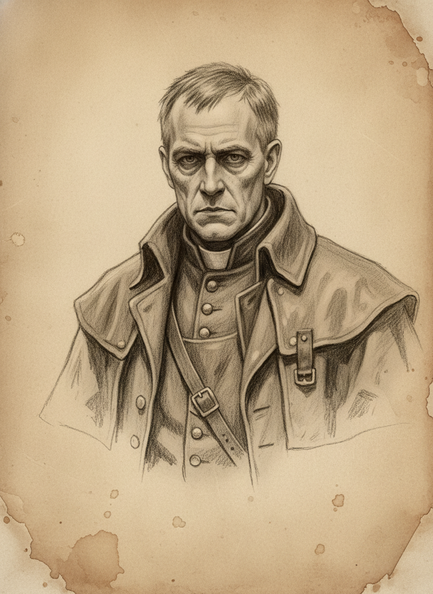 Black and white pencil dossier portrait of Saint Vellum the Silent, shown head and shoulders on vellum.