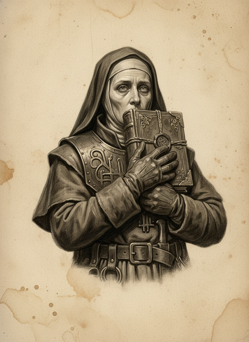 Black and white pencil dossier portrait of Saint Veyra of the Mouth, shown head and shoulders on vellum.