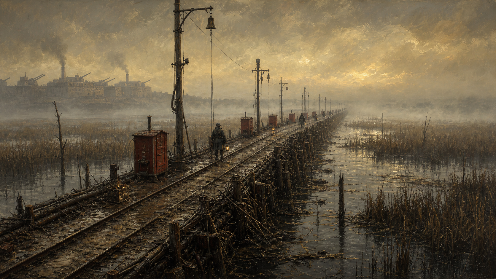 The Reed Road across Shipka Marsh - raised rail-causeway, red fire-cache sheds, signal masts, black water, reeds, and Bastion-Shipka in the fog
