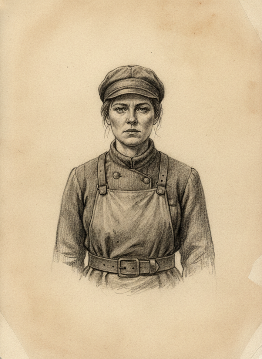 Black and white pencil dossier portrait of Saint Orla of the Seventh Line, shown head and shoulders on vellum.