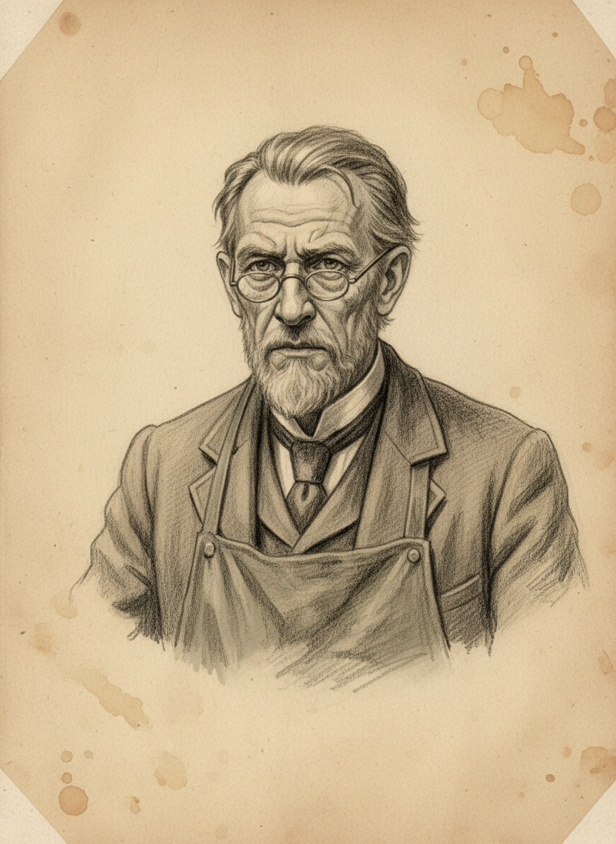 Black and white pencil dossier portrait of Old Klem the Ledgerman, shown head and shoulders on vellum.