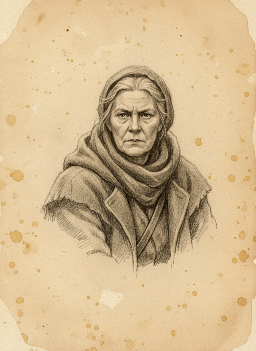 Black and white pencil dossier portrait of Mother Vell of the Crooked Stones, shown head and shoulders on vellum.