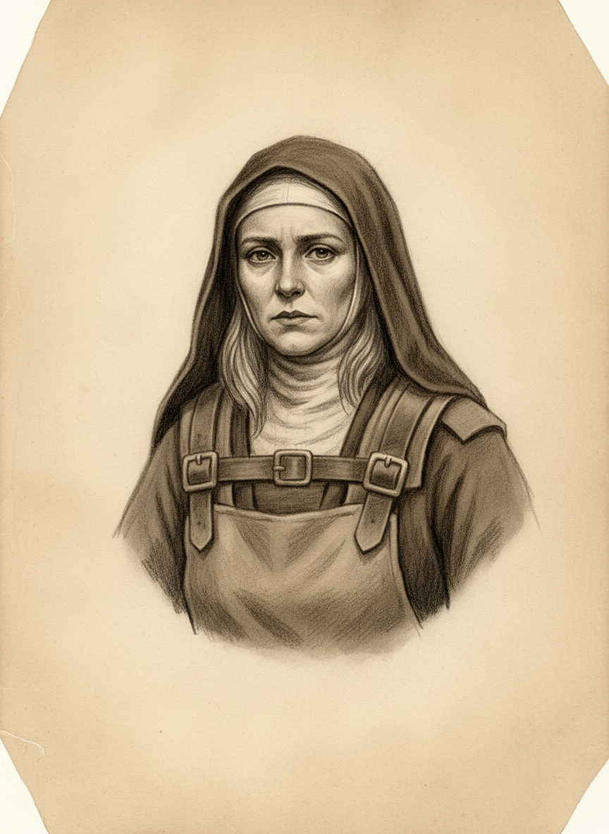 Black and white pencil dossier portrait of Saint Silo-Agnes, shown head and shoulders on vellum.