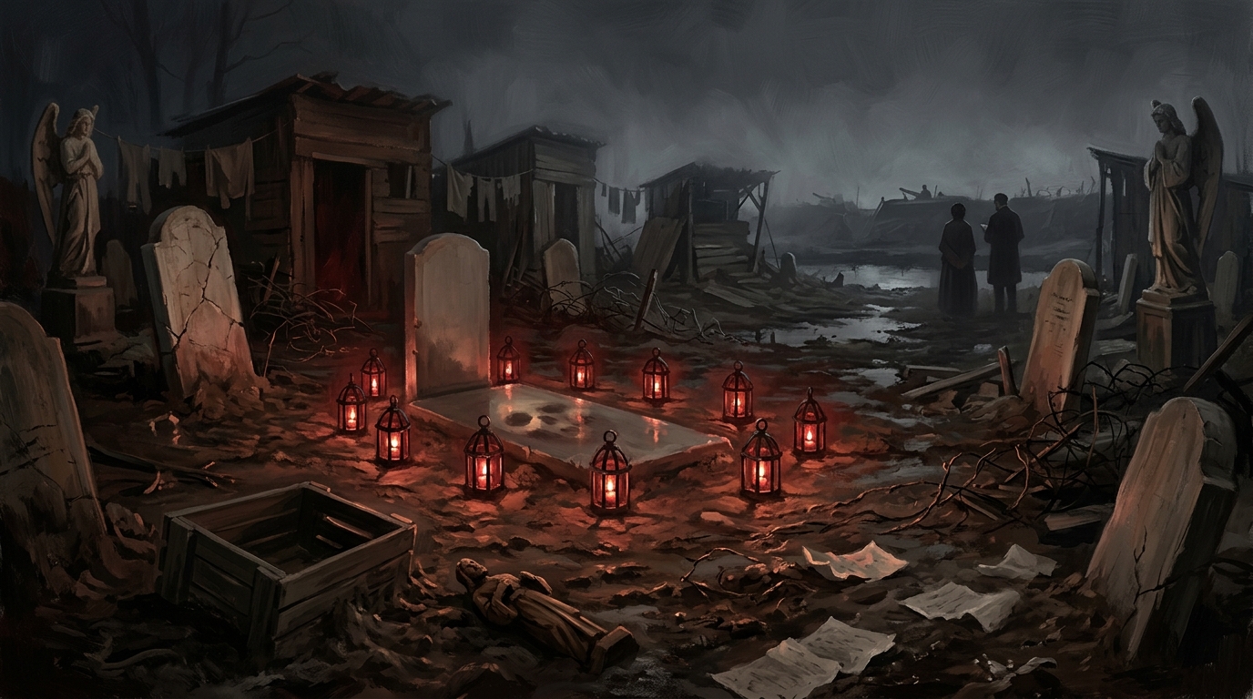 Oil painting of eleven red ecclesiastical lamps glowing around a nameless grave in the Targu grave-ring, with cemetery shacks, cracked angels, mud, wire, and a distant trench in fog.