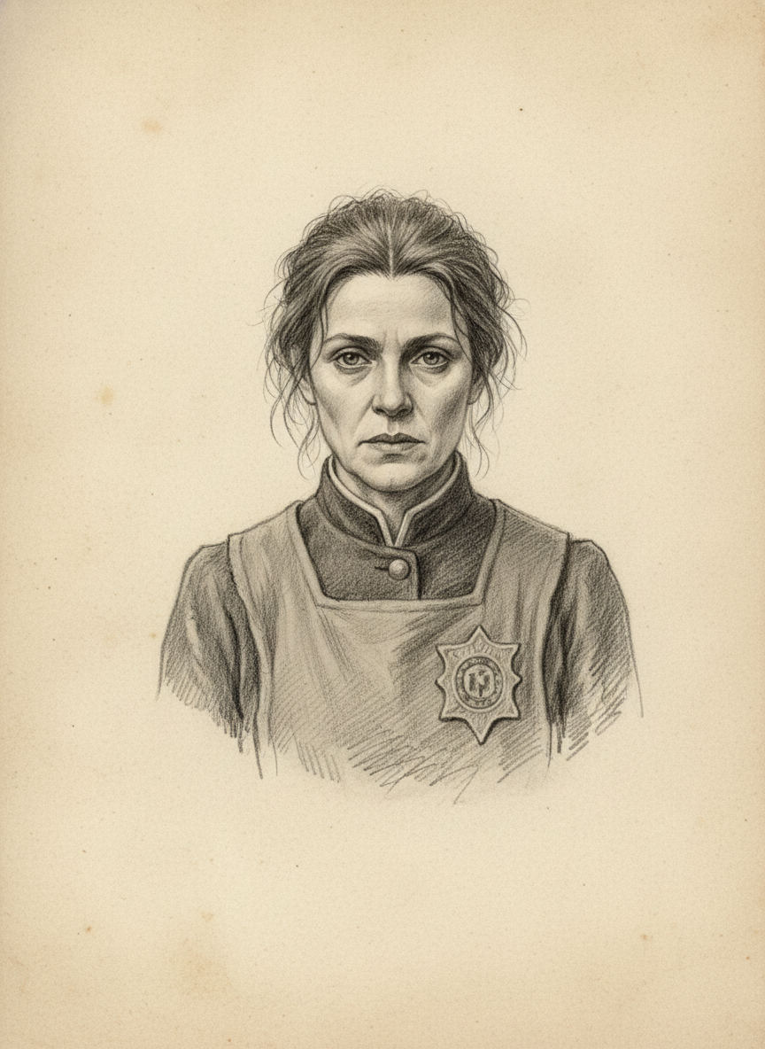 Black and white pencil dossier portrait of Lira Voss, shown head and shoulders on vellum.
