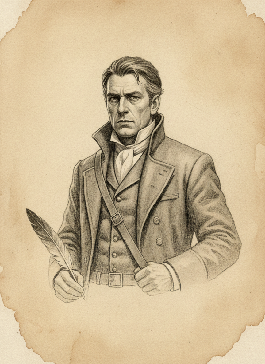 Black and white pencil dossier portrait of Marrow-Quill of Cologne, shown head and shoulders on vellum.