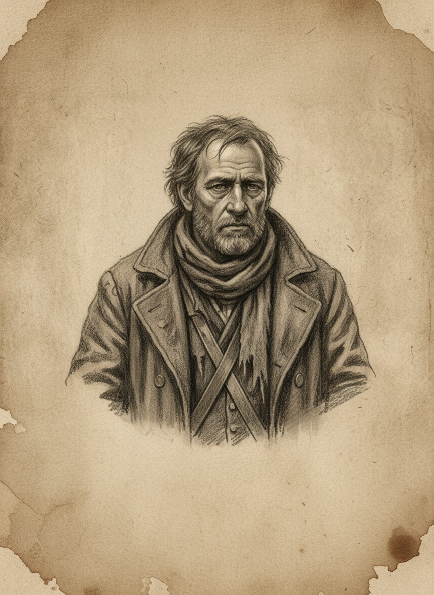 Black and white pencil dossier portrait of Old Faron the Hush-Monger, shown head and shoulders on vellum.