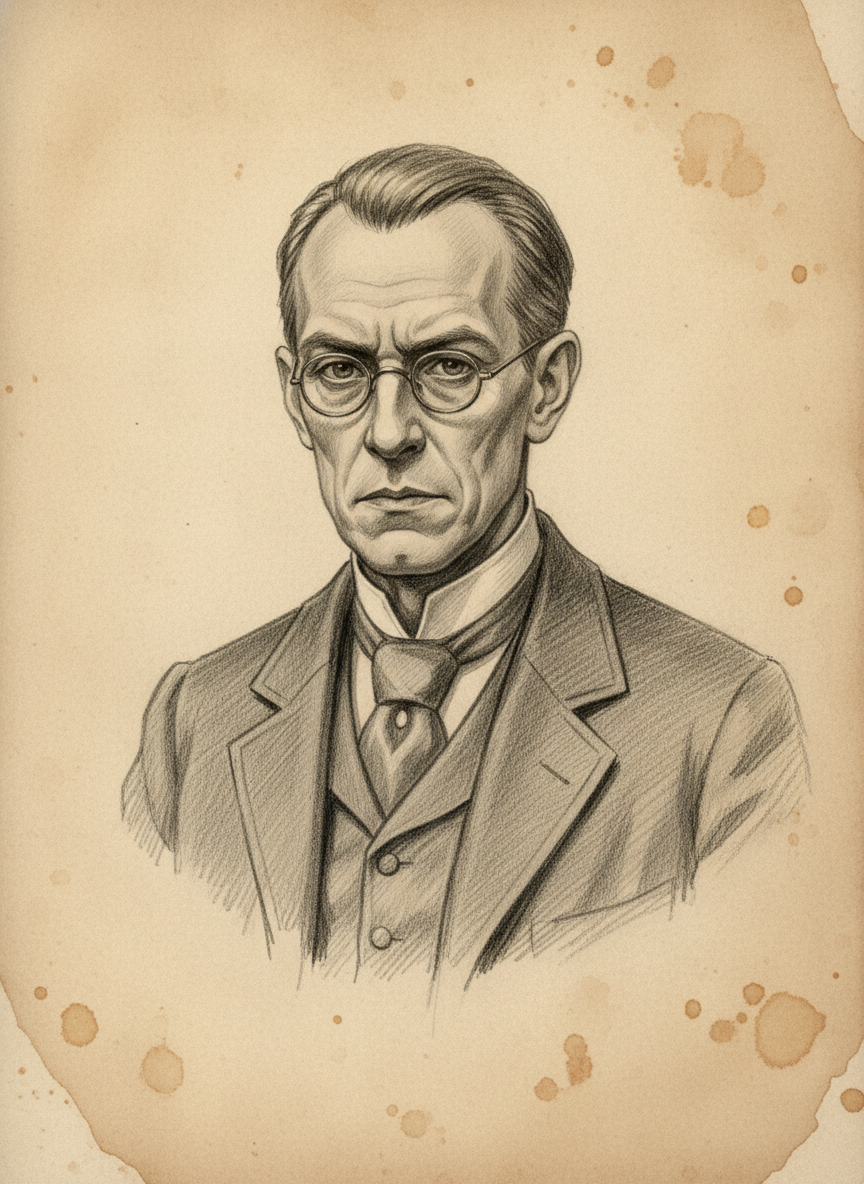 Black and white pencil dossier portrait of Veyrel, shown head and shoulders on vellum.