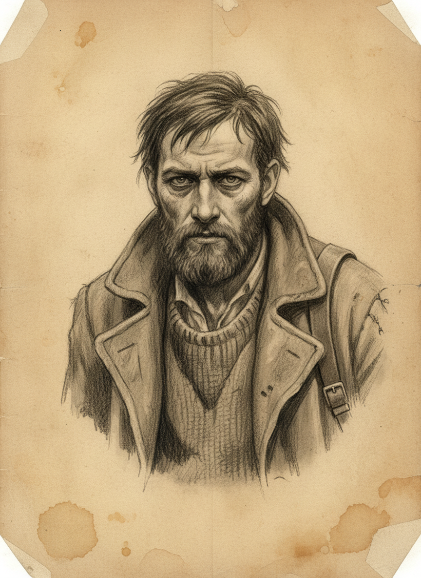 Black and white pencil dossier portrait of Josek of Düren, shown head and shoulders on vellum.
