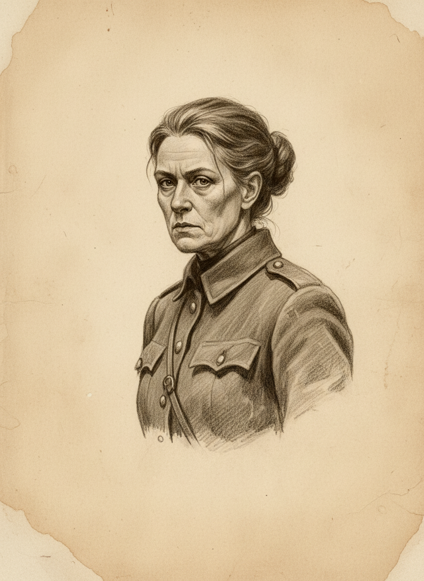 Black and white pencil dossier portrait of Maren Kessler, shown head and shoulders on vellum.