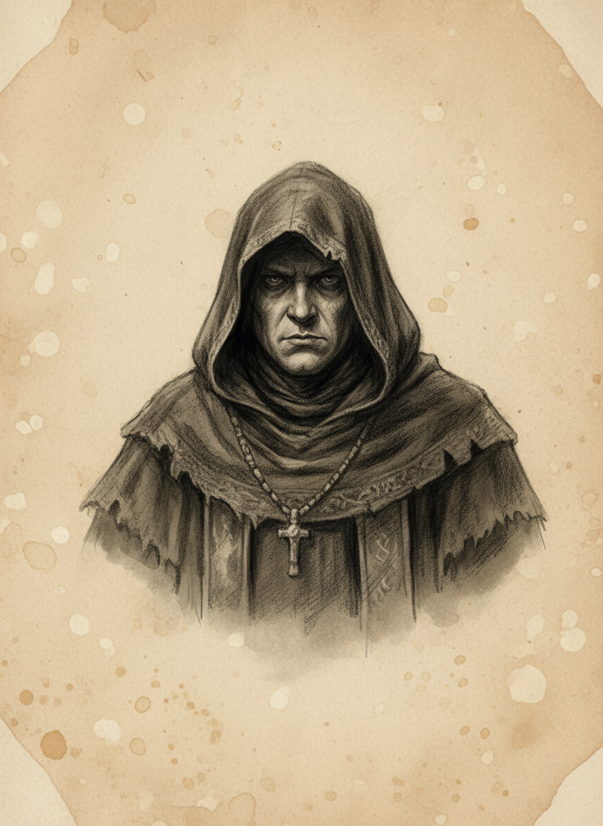 Black and white pencil dossier portrait of Marrow-Saint Elen, shown head and shoulders on vellum.