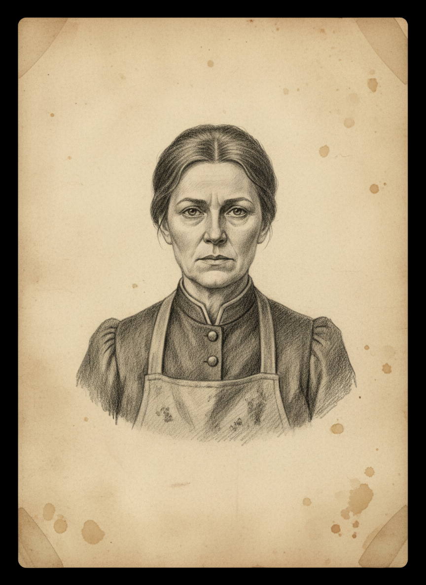 Black and white pencil dossier portrait of Mother Sava of the Ash Steps, shown head and shoulders on vellum.