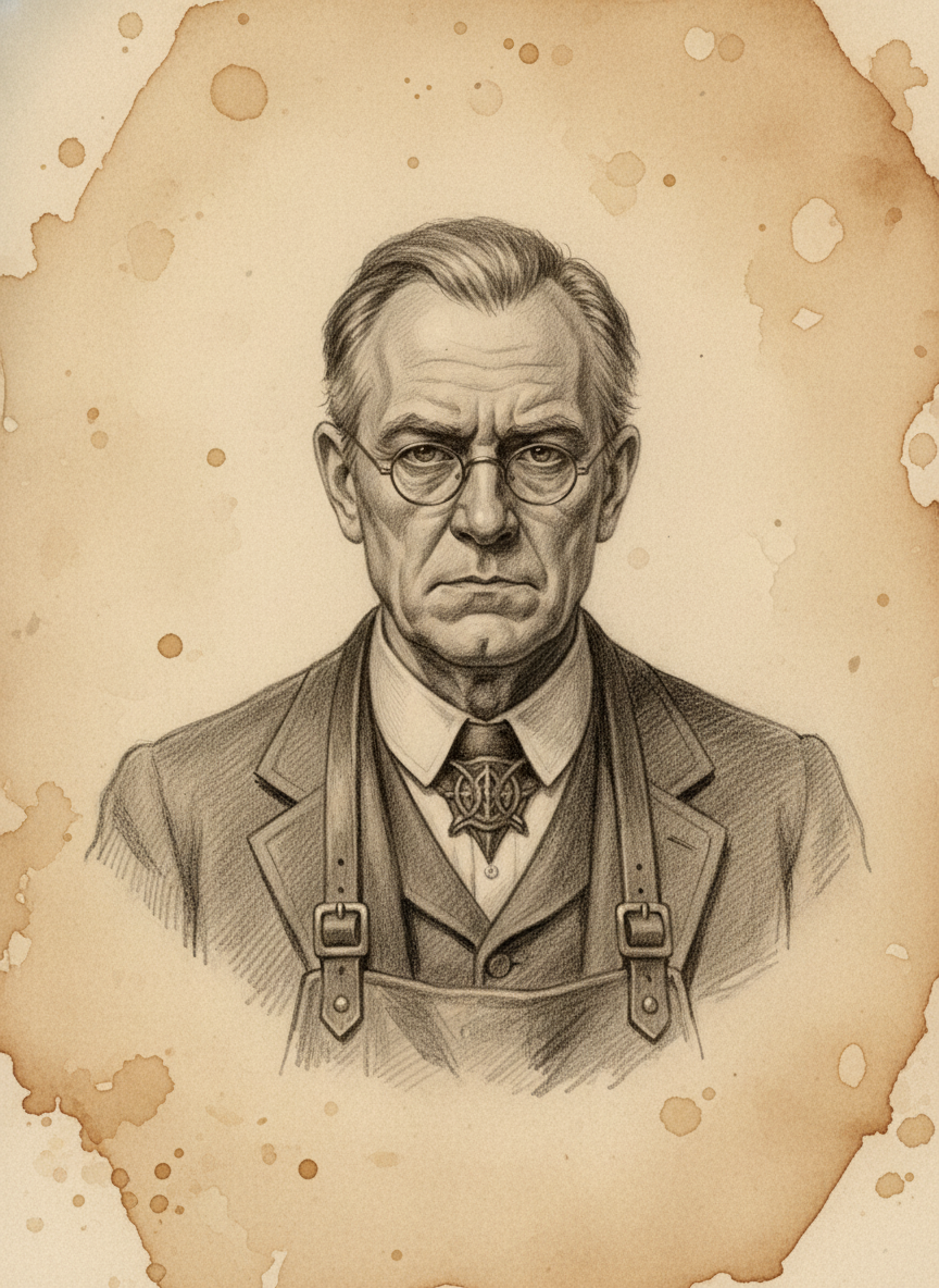 Black and white pencil dossier portrait of Registrar Aldous Krenk, shown head and shoulders on vellum.
