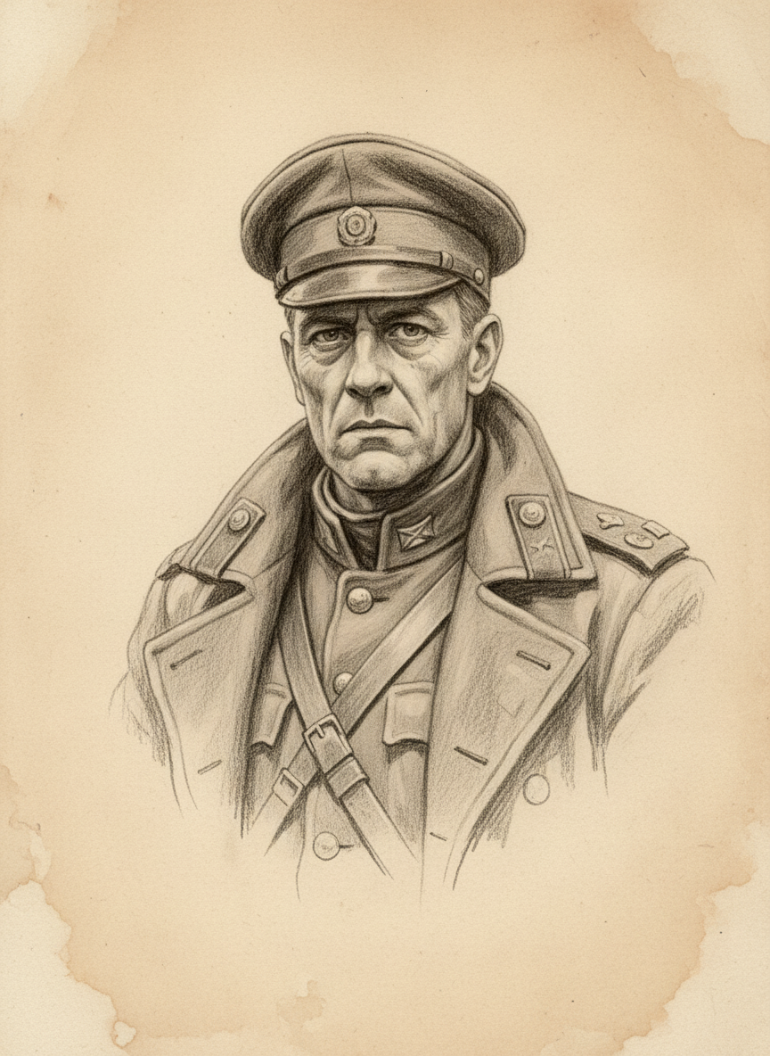 Black and white pencil dossier portrait of Sergeant-Marshal Yael Dorsk, shown head and shoulders on vellum.
