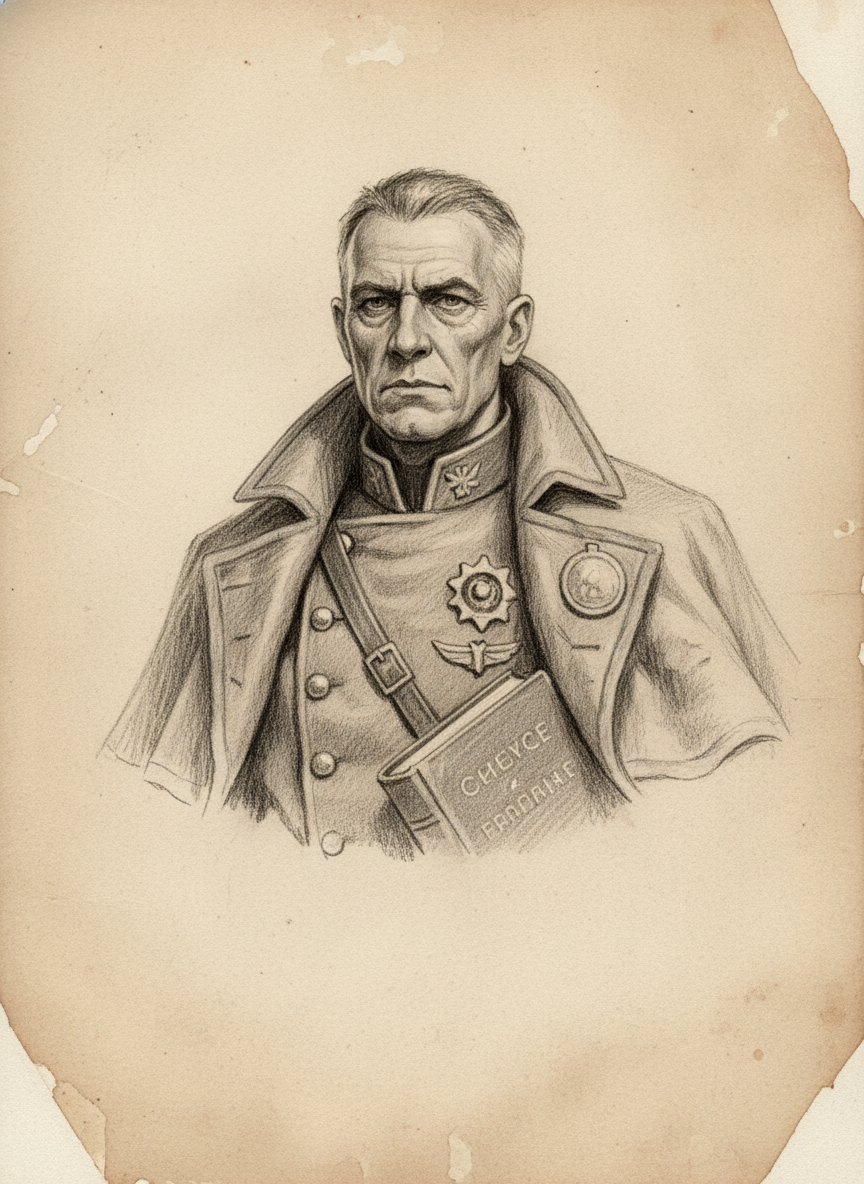 Black and white pencil dossier portrait of Prefect Malven "Iron Step", shown head and shoulders on vellum.