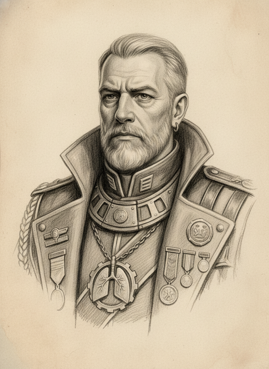 Black and white pencil dossier portrait of Saint Vellum-of-Breath, shown head and shoulders on vellum.