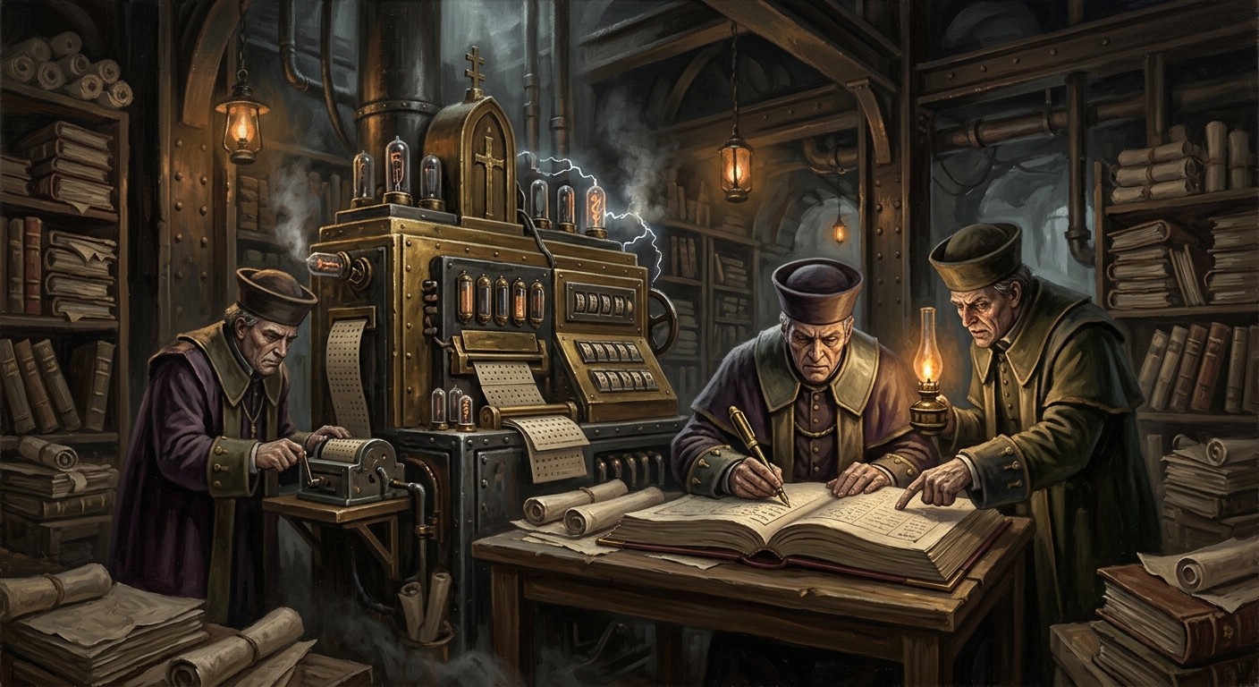 Purists of the Bureau of Records — Purists of the Bureau of Records, rendered as oil-painting.