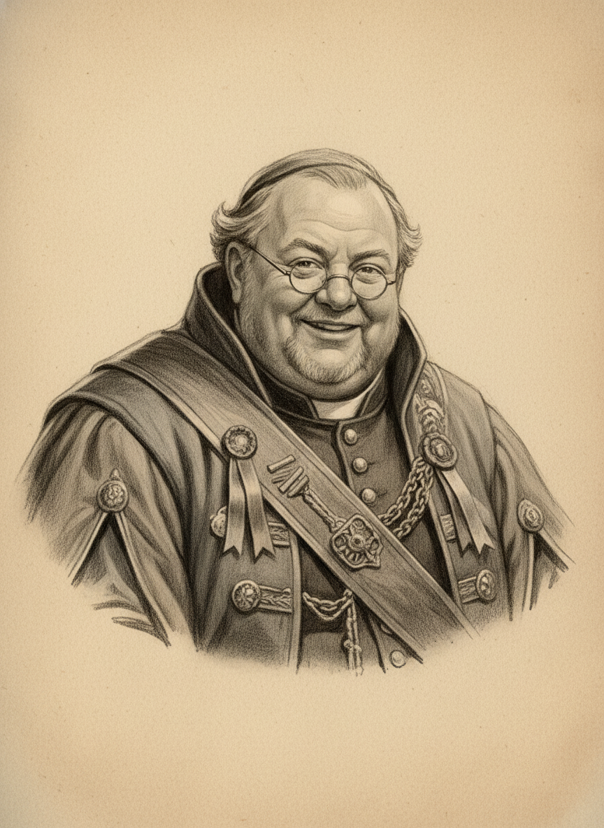 Black and white pencil dossier portrait of Saint Caldrin the Jubilant Scribe, shown head and shoulders on vellum.