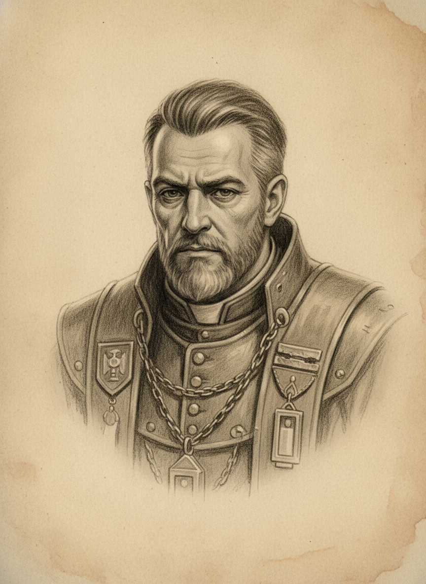 Black and white pencil dossier portrait of Saint Verran of the Unsmudged Line, shown head and shoulders on vellum.